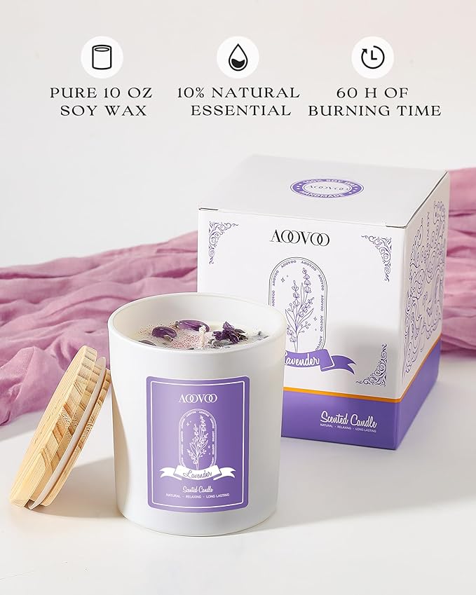 AOOVOO Lavender Scented Candles for Women - Aromatherapy Candle with Crystals Inside, 10oz Soy Candles for Home Scented, Birthday Gifts Christmas Candle for Women Mom - Bloomnest