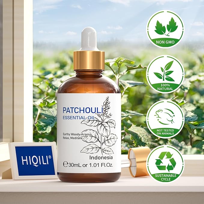 HIQILI Patchouli Essential Oil Organic, 100% Pure, for Diffuser, Homemade Perfume, Skin Care, Aromatherapy, Gift for Hippie Friend-30ML - Bloomnest