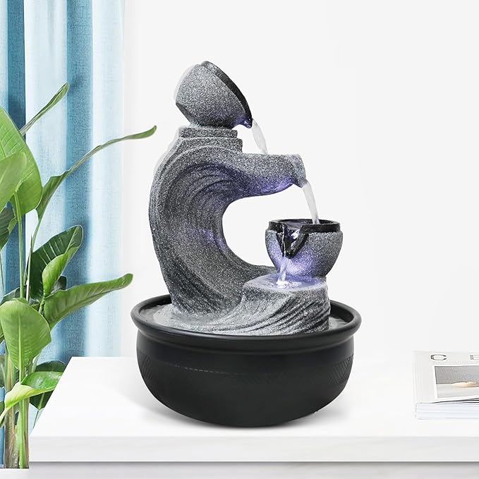 15.7” High Tabletop Water Fountain with LED Lights - 4-Tier Indoor Relaxation Desktop Waterfall Fountain, Cascading Water Feature for Home and Office Decor