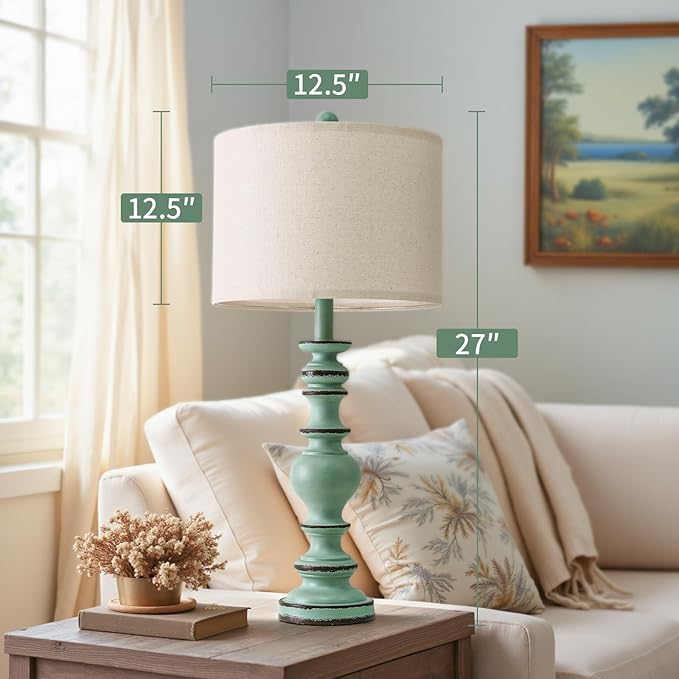 BOBOMOMO 27" Distressed Teal Table Lamps Set of 2, Large Coastal Farmhouse Resin Lamps with Linen Shades, Blue Green Lamps for Living Room, Bedroom, or Console Table Home Décor - Bloomnest