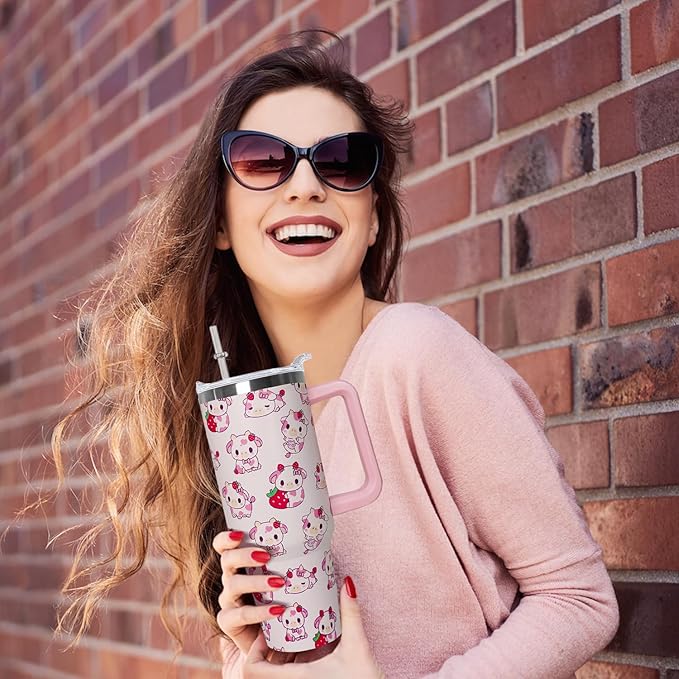 Ceovfoi 40 Oz Strawberry Cow Tumbler With Handle, Cow Print Coffee Travel Mug Cup Water Bottle, Strawberry Decor, Cow Print Gifts for Women - Bloomnest