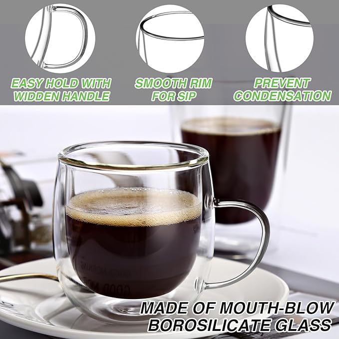 Espresso Cups Set of 4, 5 OZ Expresso Shots Glass Cups, Double Walled Glass Coffee Mugs with Handles, Espresso Machine Accessories, Insulated Espresso Shot Glasses, Clear Nespresso Cup for Cappuccino - Bloomnest