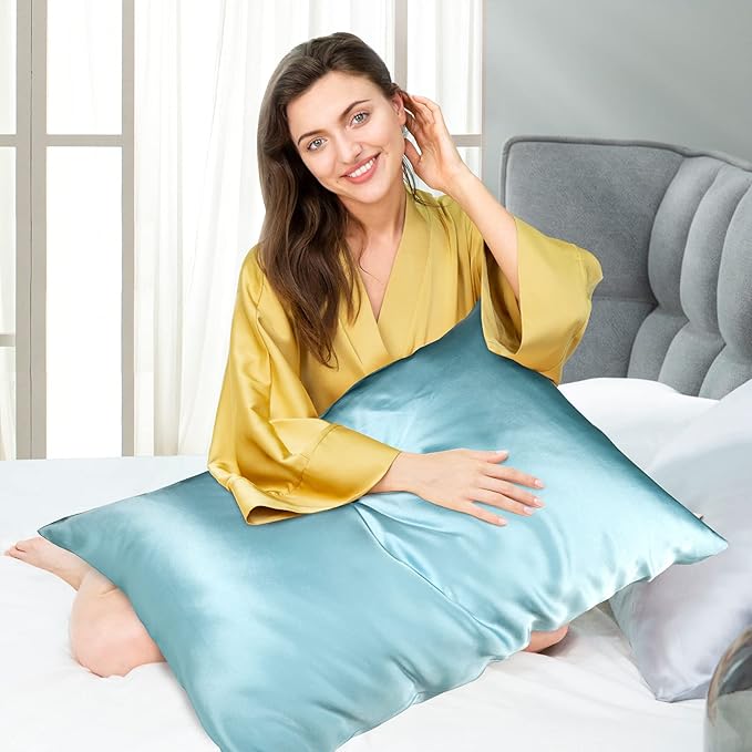 100% Mulberry Silk Pillowcase for Hair and Skin, 22 Momme Pure Natural Silk Pillow Case Both Sided with Zipper, Pillow Cover for Women Mom Men (Airy Blue, King 20''×40'', 1 Pack) - Bloomnest