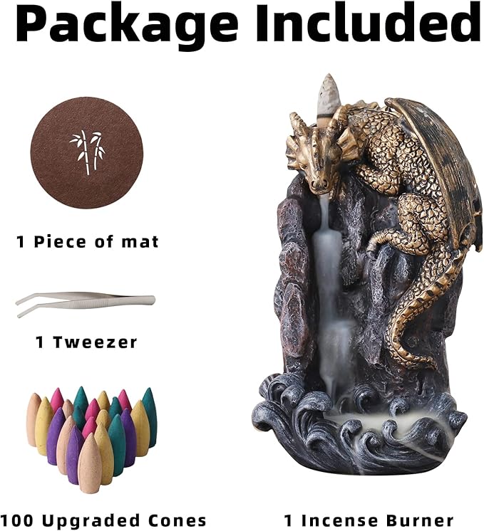 Dragon Backflow Incense Holder Waterfall Incense Burner, with 100 Backflow Incense Cones,1 Mat,1 Tweezers，Aromatherapy Ornamental for Home Office Yoga （Golden Dragon） - Bloomnest