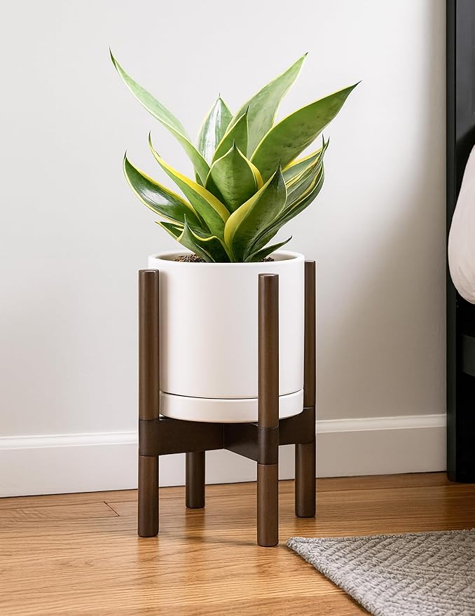 D'vine Dev Ceramic Planter with Walnut Color Stand - 8 Inch Modern Round Flower Pot with Wood Planter Holder, Oatmeal, 55-B-Y-8 - Bloomnest