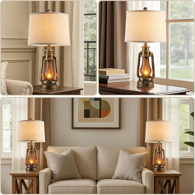RORIANO 25" Set of 2 Rustic Lantern Table Lamps for Living Room Bedroom, 2 USB Ports Farmhouse Vintage Bedside Desk Lamp Nightlight for Entryway Office End Table, 4 Bulbs Included - Bloomnest