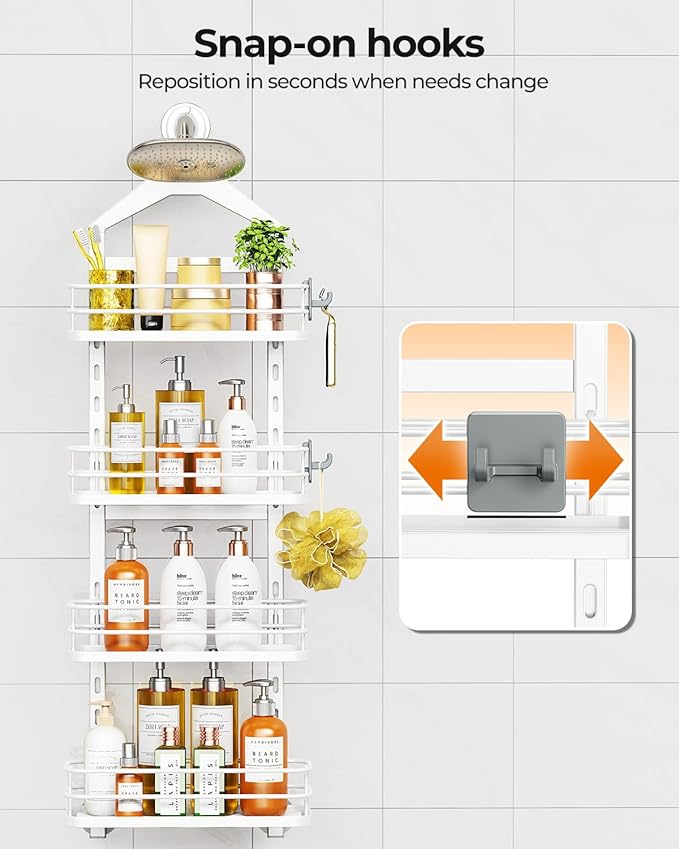 ODesign 4 Tier Height-Adjustable Shower Caddy Hanging Anti-Swing-Over The Shower Head Caddy-Storage Organizer Bathroom Shelves Basket-White - Bloomnest