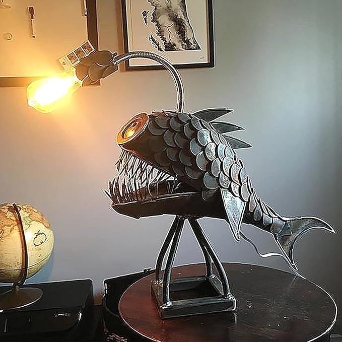 CAFELE Rustic USB Angler Fish Night Light, Steampunk Style Table Lamp with Simulation Flame LED Bulbs, Handmade for Home/Office (5xin) - Bloomnest