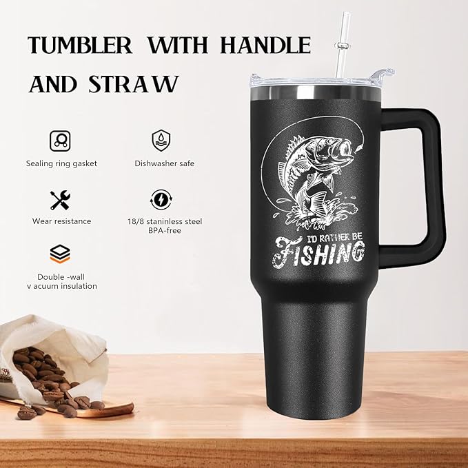 Ceovfoi 40 oz Black Stainless Steel Tumbler With Handle, Fishing Gifts for Men, American Flag Patriotic Cup - Bloomnest