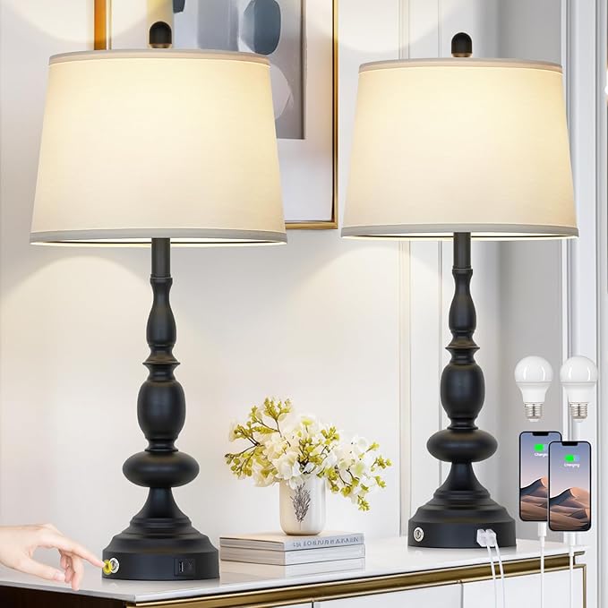 29" Black Modern Table Lamps Set of 2, Industrial Touch Control 3-Way Dimmable Bedside Lamp with USB C+A Ports, Metal Nightstand Lamps for Living Room Bedroom Office Home(2 LED Bulbs Included) - Bloomnest