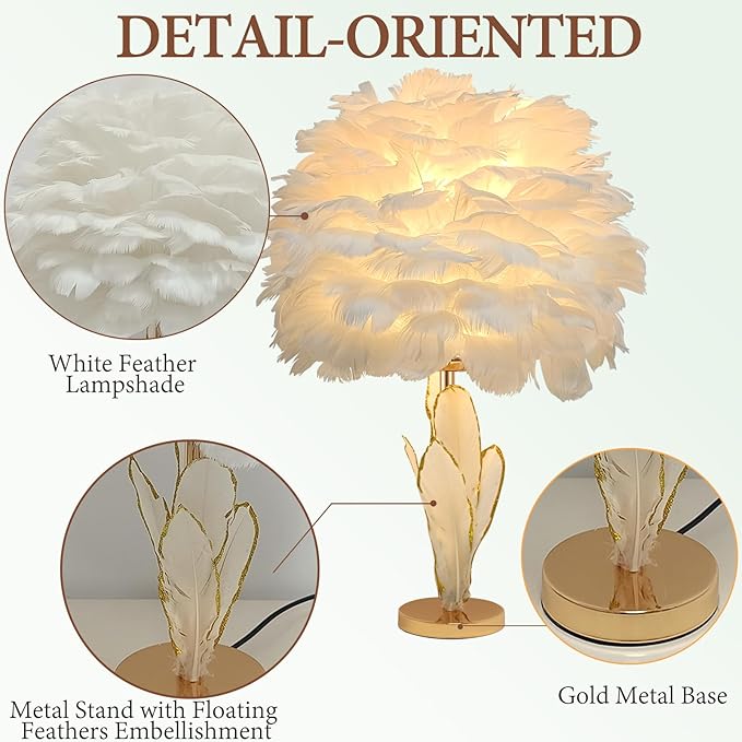 Chic White Feather Lamp Creative Furry Table Lamp Modern Feather Desk Lights Romantic Princess Bedside Nightstand Light for Teen Girls Bedroom Decoration Living Room Wedding Kids Room - Bloomnest