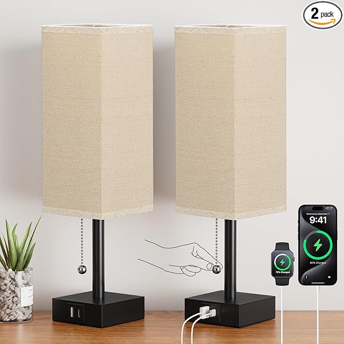 Beige Bedside Table Lamps Set of 2 - Square Bedroom Lamps with 3 Color Temperatures (3000K/5000K/4000K), Nightstand Lamps with USB C + A Charging Ports, Pull Chain Small Night Light for End Table - Bloomnest
