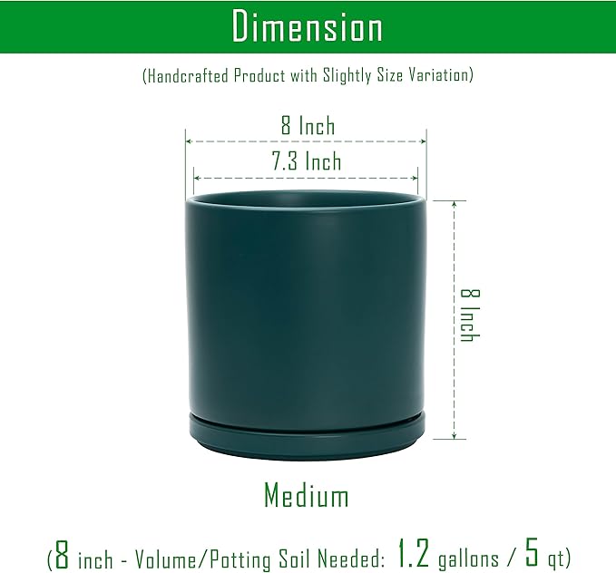 D'vine Dev Set of 2 Plants Pots, 8 Inch Ceramic Planter Pot for Plants with Drainage Hole and Saucer, Teal, 94-V-D-9 - Bloomnest