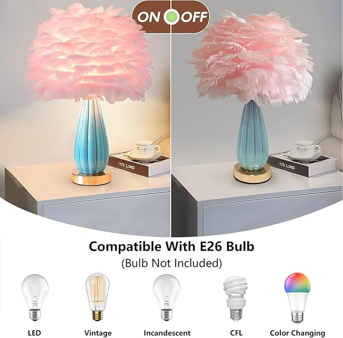 Pink Feather Table Lamp Creative Bedside Feather Lamp Simple Goose Furry Nightstand Light Fluffy Desk Lighting for Girl Bedroom Living Room Decoration Wedding Romantic Atmosphere - Bloomnest