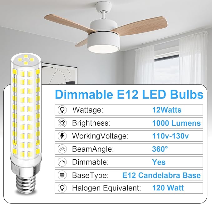 Dimmable E12 Led Bulbs 120W 150W Equivalent 12W Candelabra Light Bulbs, Cool White 6000K, AC120V 1000 Lumen for Chandelier Ceiling Fan,3 Pack - Bloomnest