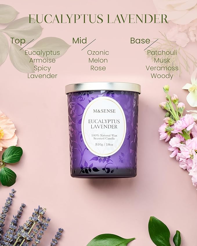 M&SENSE Eucalyptus Lavender Scented Candle, Cracking Wooden Wick Soy Wax, 18oz 100 Hours Long Lasting Clean Burn, Large Jar Candles for Home Decor, Non-Toxic Relaxing Aromatherapy Gifts for Women - Bloomnest