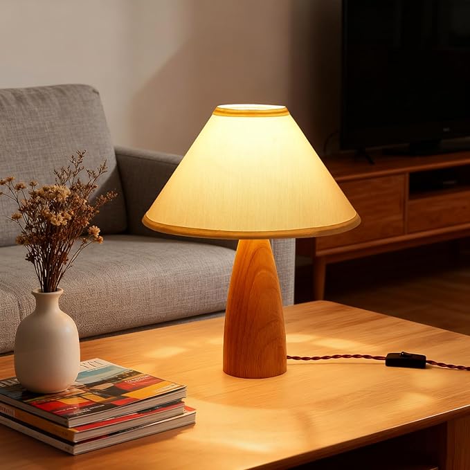 Bedside Table Lamp for Bedroom, Mid-Century Modern Plug in Fabric Shade & Solid Wood Base Desk Lamp, Plug & Play Natural Wood Nightstand Lamp for Living Room, Office, Switch Power Cord 【Bulb Included】 - Bloomnest
