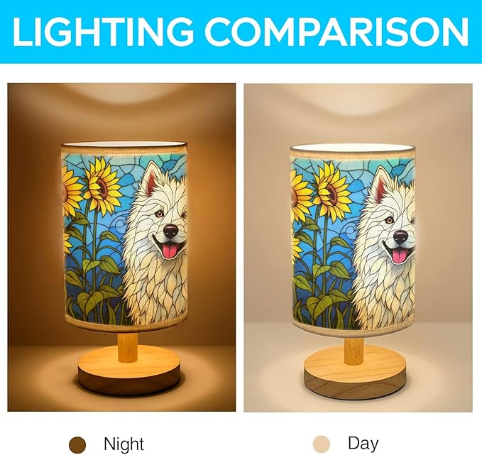 Samoyed Table Lamp LED 3-Color Pressed Bedside, Dog Shade Lamp with Wood Base for Bedroom Living Room Desk Office - Bloomnest