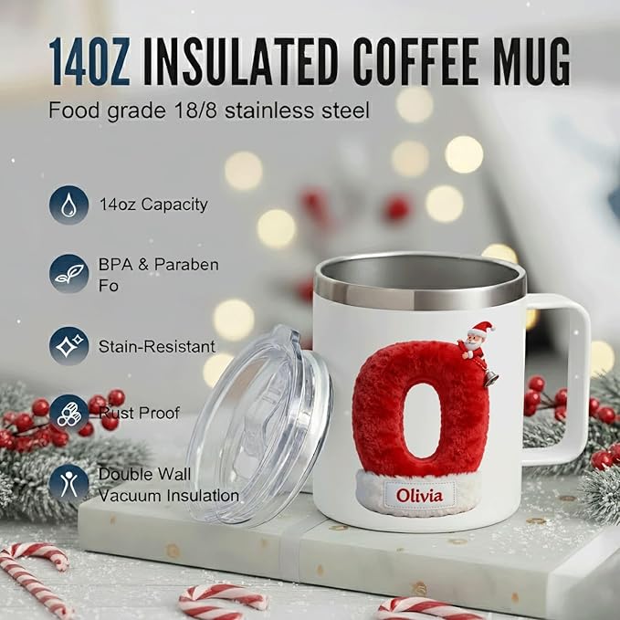 Personalized Santa Hat Mug | Custom Initial Insulated Christmas Coffee Cup with Handle & Lid | 12oz Holiday Tumbler, Cute Stocking Stuffer Gift for Kids & Family (B13) - Bloomnest