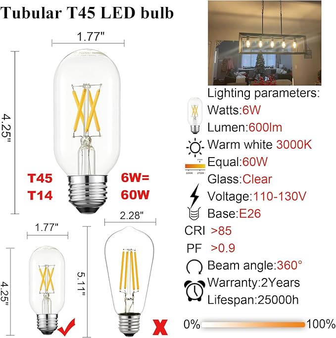 LiteHistory T45 LED Bulb,6W E26 LED Bulb Dimmable Equivalent E26 Bulb 60 Watt,Warm White 3000K E26 Edison Bulb,AC120V,600lm,CRI85,Clear Glass,Tubular Light Bulb,ETL Listed,Pack of 6 - Bloomnest