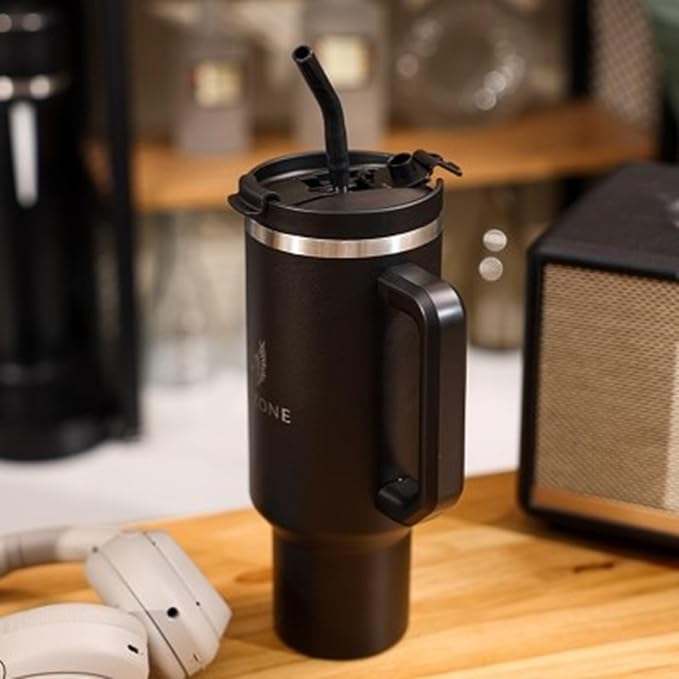 40 oz Insulated Tumbler with Handle and Straw – Stainless Steel Double Wall Vacuum Cup Fits Car Cup Holder, Hot Cold Travel Mug, BPA Free Reusable Water Bottle for Men Women - Midnight Black - Bloomnest