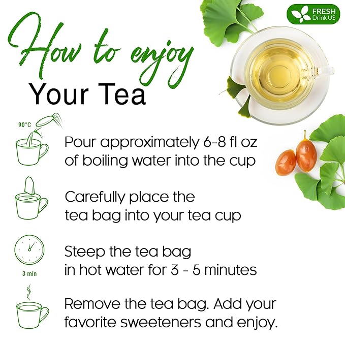 FreshDrinkUS, Premium 30 Ginkgo Biloba Leaf Tea Bags, 100% Natural & Pure from Ginkgo Biloba Leaves. Loose Leaf Herbal Tea. Made with Eco-Conscious Tea Bags. No Sugar, No Caffeine, No Gluten, Vegan. - Bloomnest
