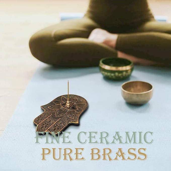 Ceramic Hamsa Hand Incense Holder - 2 in 1 Brass Incense Holder for Sticks and Coil Incense- Zen Decor with Hand of Fatima Design Protection from Evil - 6.2" L X 4.5" W (Black) - Bloomnest