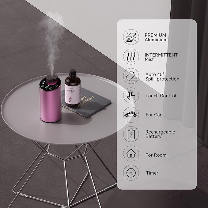 Waterless Essential Oil Diffuser Scent Aromatherapy Diffusers for Home Large Room, Car, Office, Portable Battery Operated Cordless Air Freshener, 4 Timers & 3 Mist Levels, 100ml Capacity (Pink) - Bloomnest