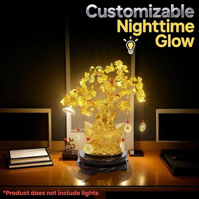 9 Piece Citrine Money Tree, 7" Small Yellow Crystal Bonsai with Yuanbao Pot & Coins, Chinese Style Lucky Money Plant Decor with Red Tassels & Wood Base for Wealth, Prosperity, Home Office Desk - Bloomnest