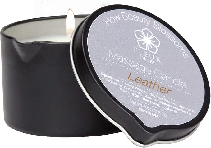 FLEUR DE SPA Massage Oil Candle – 6oz with Pour Spout – Made in USA – All Natural Coconut & Soy Blend – Melts to Warm, Alluring & Hydrating Body Oil – Perfect Spa & Gift Candle (Leather) - Bloomnest