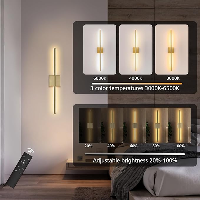 2 Pack Wall Sconces Battery Operated, Wall Sconces 3000K-6000K Dimmable Rechargeable Wall Sconce with Remote Control, 350°Rotate LED Wireless Wall Lights for Living Room, Hallway, Bedroom(Gold) - Bloomnest
