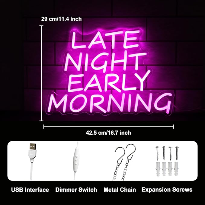 Bar Neon Sign Late Night Early Morning Neon Signs for Wall Decor Beer LED Neon Sign Pink Letter Neon Light Sign Dimmable Neon Lights for Bedroom Bar Party Hotel Club Party Man Cave Decor - Bloomnest