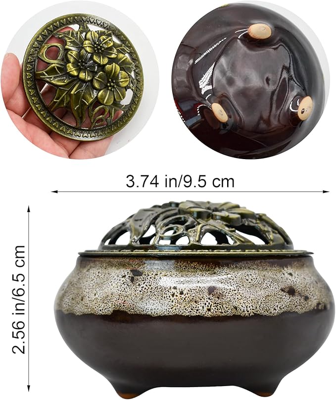 MrMrKura Ceramic Incense Burner with Lid, Incense Holder for Sticks Incense Cone Holder with Brass Incense Stick Holder for Yoga Meditation Home Decor (Fambe Grey) - Bloomnest