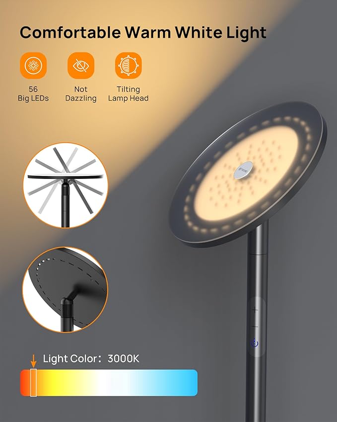 TROND Floor Lamp, 5000LM Super Bright Sky LED Modern Torchiere Standing Lamp, 3000K Warm White Light, 5-Level Dimmable, Modular 71 in Tall Pole Light, 30-Minute Timer for Living Room, Bed Room - Bloomnest