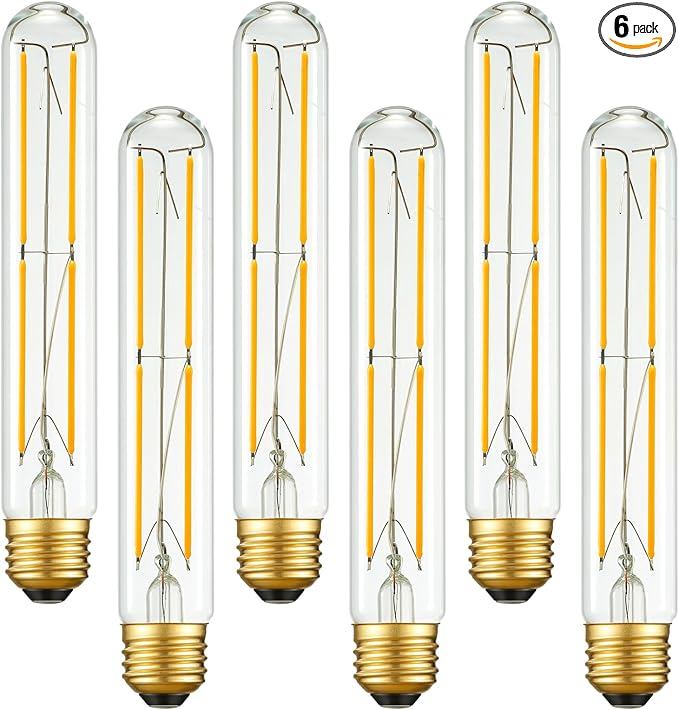 Arberlic 7.3 Inch T10 LED Bulb,6W Tubular Light Bulb Equivalent E26 led Bulb 60 watt dimmable,Warm White 2700K,600lm,CRI85+,AC120V,Clear Glass Long E26 Edison Bulb,Flicker-Free,Pack of 6 - Bloomnest
