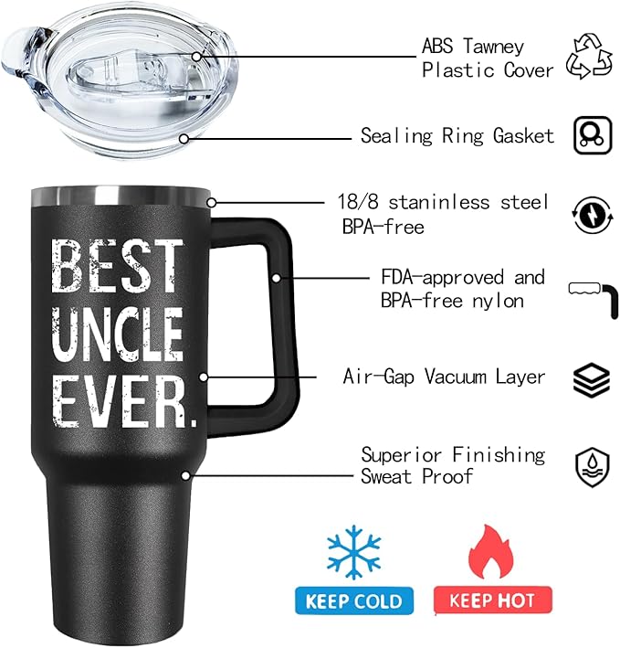Ceovfoi 40 oz Uncle Tumbler with Handle Lid and Straw,Black Uncle Stainless Steel Cups Mug water Botter,Fathers Day Gift For Uncle From Niece, Nephew - Bloomnest