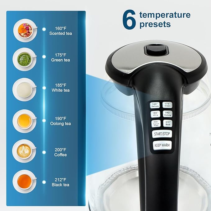 1500W Electric Kettle with Temperature Control - 6-Temp Presets for Tea/Coffee, Double Wall Cool-Touch, 4H Keep Warm, 1.7L Borosilicate Glass & BPA-Free, Fast Boil for Home/Office - Bloomnest