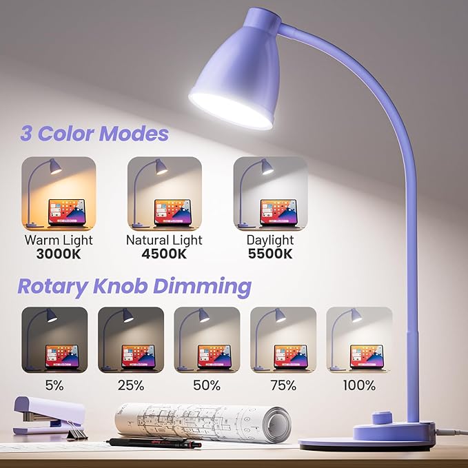 BOHON LED Desk Lamp with USB Charging Port, 3 Color Modes Fully Dimmable Reading Lamp, Auto Dimming Task Lamp, Flexible Gooseneck Table Light for Office Dorm Bedside, Adapter Include, Lilac Purple - Bloomnest