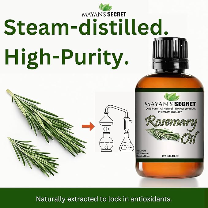 Mayan's Secret Rosemary Essential Oil - Pure and Natural, 4 oz Amber Glass Bottle for Hair, and Skin Care MayansSecret