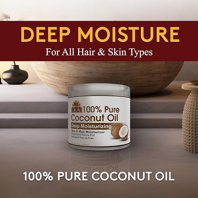 Okay 100% Pure Coconut Oil for Hair & Skin - Coconut Oil for Women & Men, Perfect for Hair & body, Natural Massage Oil & Moisturizer - 6 fl oz Jar (Pack of 1) - Bloomnest