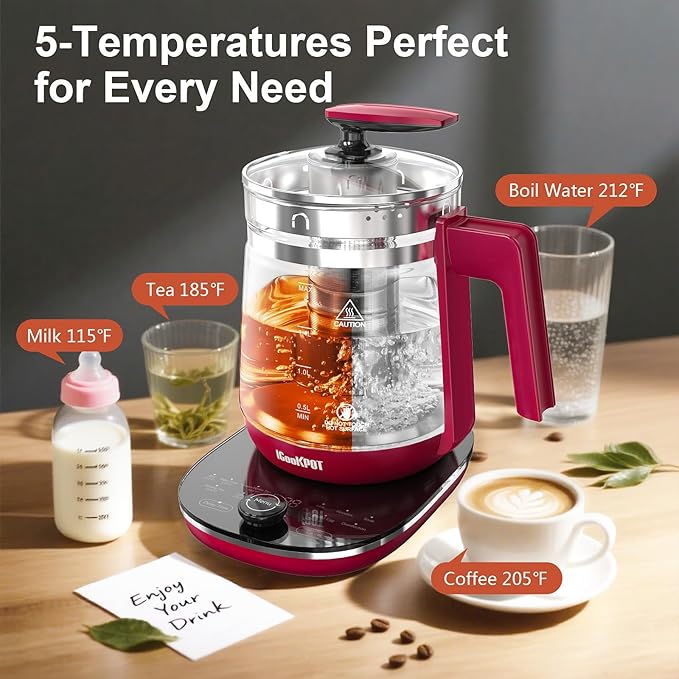 Electric Kettle, 1.5L Borosilicate Glass Hot Water Kettle Electric & Tea Kettle for Coffee or Tea, BPA Free, Auto Shut-Off, Stainless Steel, Red, 1200w - Bloomnest