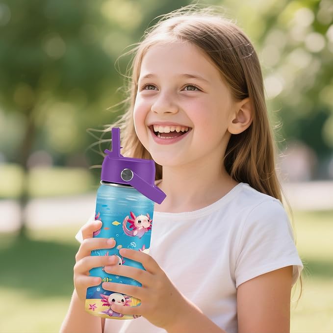Axolotl Gifts for Girls 16 oz Kids Water Bottle with Straw Lid, Stainless Steel Insulated Tumbler, Leak Proof, BPA-Free,Adorable Ocean Animal Mug Cup for Sports,Travel Children Birthday Gifts (1pc) - Bloomnest