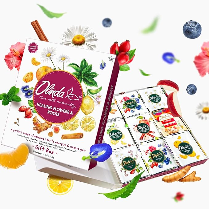 Olinda Healing Flowers & Roots Gift Box Natural Caffeine Free Tea Herbal Tea Bags Healthy Beauty Tea Wellness Stress Relief Tea Sampler Gift Set Premium 9 Vareity Individually Wrapped 45 Tea Bags 1 Tea Gift Box for Women - Bloomnest