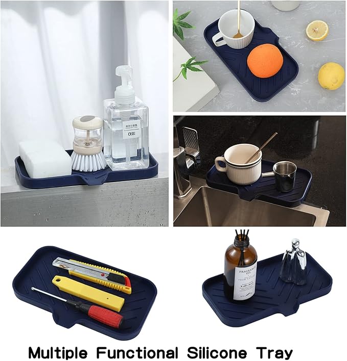 Silicone Bathroom Soap Dishes with Drain Spout-Kitchen Sink Organizer,Sponge Holder,Dish Soap Tray,Perfect for Dispenser,Scrubber,Bottle,Cup on Sink or Counter-Navy Blue 9.6"×5.3" - Bloomnest