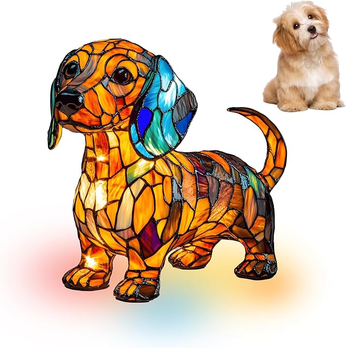 Atlodas Dachshund Lamp, Retro Stained Resin Tabletop Night Light, Dog Series Art Night Light, Dog Lamp Stained Glass, 3D Cute Pet LED Table Lamps, Gift for Lovers (#01, 5.9inches) - Bloomnest