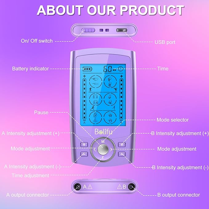 Belfiu TENS & PMS 24 Modes Muscle Stimulator for Pain Relief Therapy, Electronic Pulse Massager Muscle Massager with 10 Pads, Dust-Proof Drawstring Storage Bag, Fastening Cable Ties Belifu