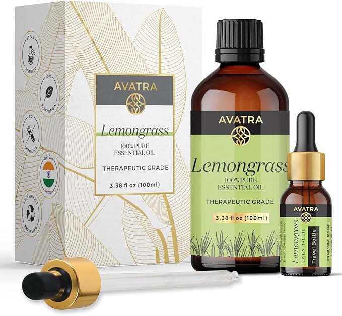 Avatra Lemongrass Essential Oil 100ML (3.38 OZ) with Glass Dropper and Travel Bottle, Pure and Natural Therapeutic Grade Lemongrass Oil for Diffuser, Aromatherapy, Massage, and DIY Candle Products - Bloomnest