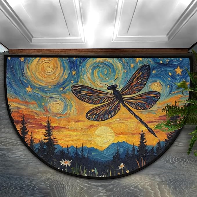 Half Round Door Mat, Starry Night Dragonfly Half Circle Rug for Home Decor Floor Indoor Outdoor Non-Slip Washable Floral Half Moon Rug Doormat 36X24 Inch - Bloomnest