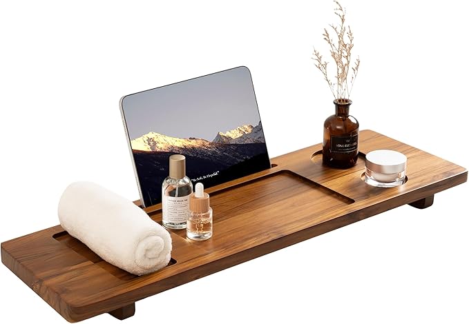 Teak Bathtub Tray - Wood Bath Caddy Tray 29" for Small Tubs - Adjustable Bathtub Table Trays - Luxury Shower Organizer for Home Spa Relaxation and Reading - Light Walnut Color - Bloomnest
