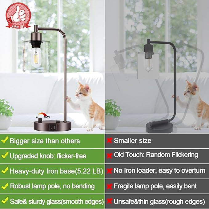 Lynnoland Set of 2 Oil Rubbed Bronze Table Lamps with USB C+A Ports and Outlet, Fully Stepless Dimmable Bedside Lamps, Industrial Desk Lamps with Clear Glass Shade for Living Room (2 LED Bulb) - Bloomnest